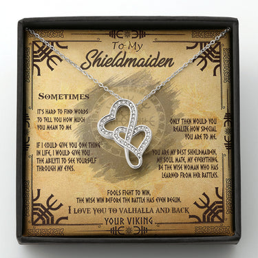 Double Heart Necklace To My Shieldmaiden I Love You to Valhalla And Back and this is best gift for wife,girlfriend on valentine,universary